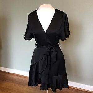 Saints + Secrets Silky Black Short Flutter Sleeve Faux Wrap Dress Size S